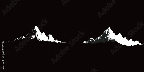 Two distinct mountain silhouettes display striking contrasts in light and shadow, with intricate line work depicting the rugged terrain against a solid black backdrop, emphasizing depth.