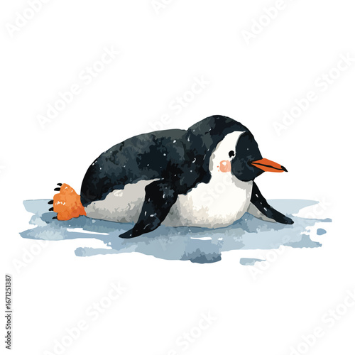 Cute Watercolor Penguin Relaxing on Ice