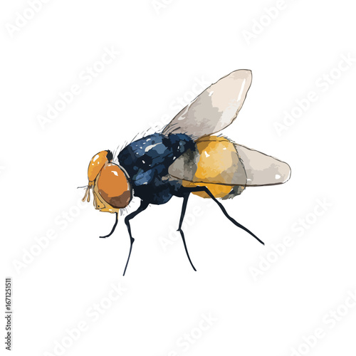 Detailed Watercolor Illustration of a Common Fly with Orange Head and Wings
