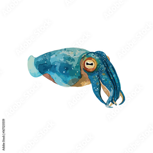 Detailed Watercolor Illustration of a Cuttlefish with Blue and Brown Hues
