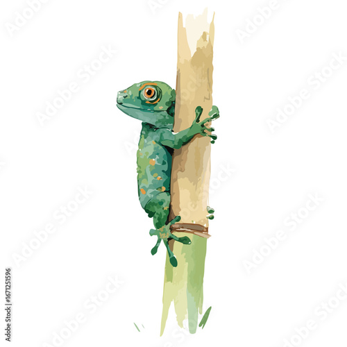 Emerald Gecko Clinging to Bamboo Detailed Watercolor Illustration