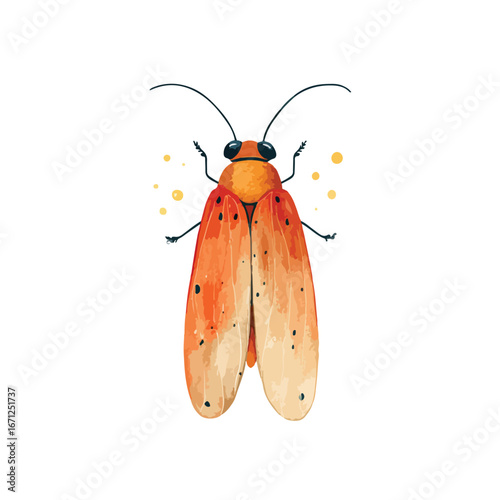 Illustrated orange beetle with black spots and long antennae facing forward