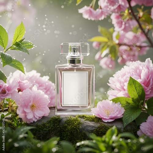 Experience floral elegance with this captivating perfume bottle amidst blooming cherry blossoms