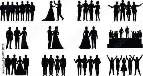 Collection of wedding couple silhouettes celebrating joyful nuptials and formal bridal party poses