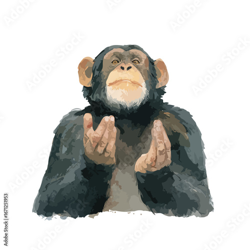 Pensive Chimpanzee with Open Palms Watercolor Style Portrait