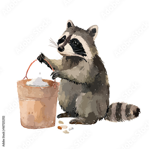 Playful Raccoon with Bucket of Flour Curious Expression and Detailed Fur