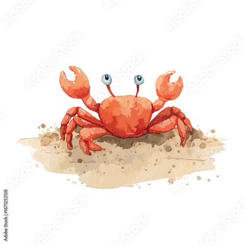 Playful Watercolor Crab on Sandy Beach Front View