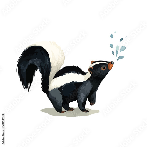 Playful Skunk Spraying Water Featuring Distinctive Black and White Markings