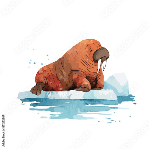 Resting walrus with long tusks on a textured ice floe illustration