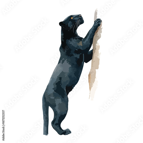 Sleek Black Panther Climbing a Textured Tree Trunk Looking Upward