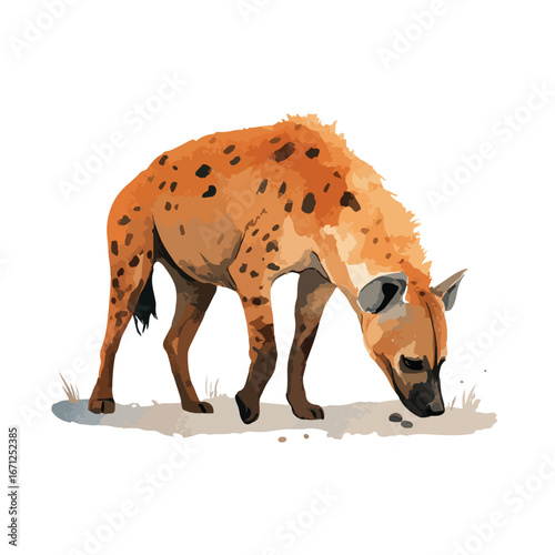 Spotted Hyena in Profile Sniffing Ground Detailed Watercolor Illustration