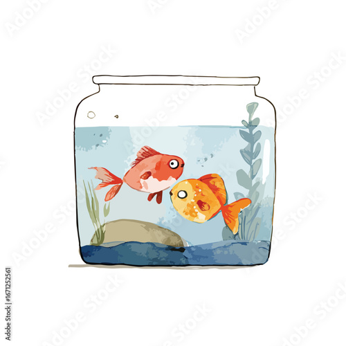 Two Cartoon Goldfish Swimming in a Jar with Plants and a Rock