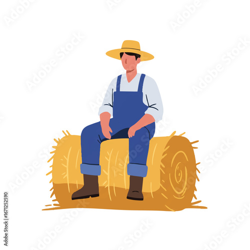 A relaxed farmer sits peacefully on a bale of hay, rendered in a clean 2D flat vector illustration with minimalist lines and solid colors, isolated on white.