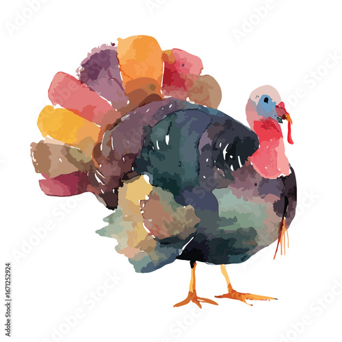 Vibrant Watercolor Turkey Illustration with Detailed Feathered Tail