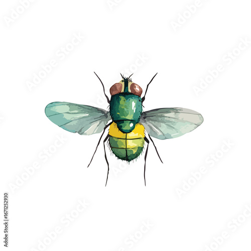 Vivid Green Bottle Fly with Translucent Wings and Yellow Abdominal Stripe