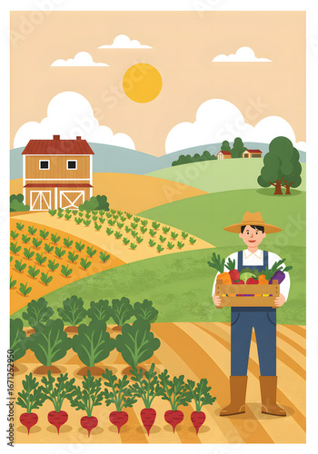 Farmer holding a crate of fresh vegetables stands in a field with a barn and rolling hills in the background.