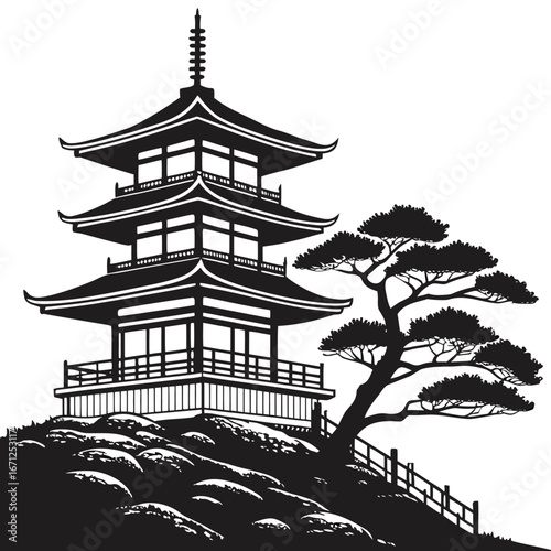 Japanese pagoda black silhouette vector, isolated on white background, minimalist Asian architecture icon
