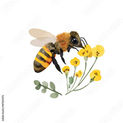 Watercolor Bee Collecting Pollen from Yellow Flowers with Greenery