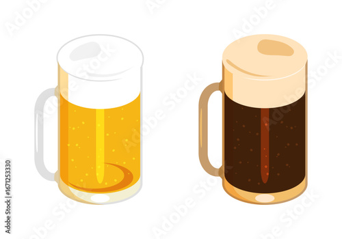 ジョッキに注いだビールと黒ビールのイラスト　セット　左