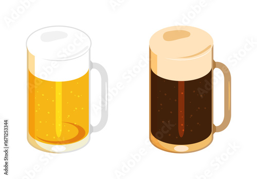 ジョッキに注いだビールと黒ビールのイラスト　セット　右