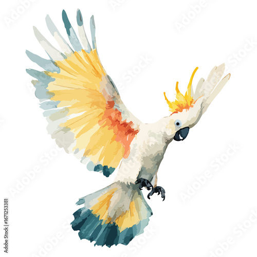 Watercolor Cockatoo in Flight with Yellow Crest and Blue Wingtips