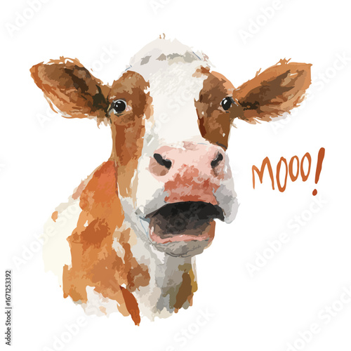 Watercolor Cow Portrait Openmouthed Mooing Brown and White Cow
