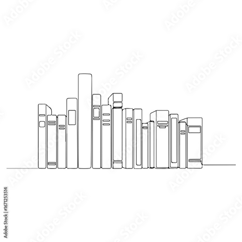 books lined up, simple minimalist aesthetic one line art, isolated on white background