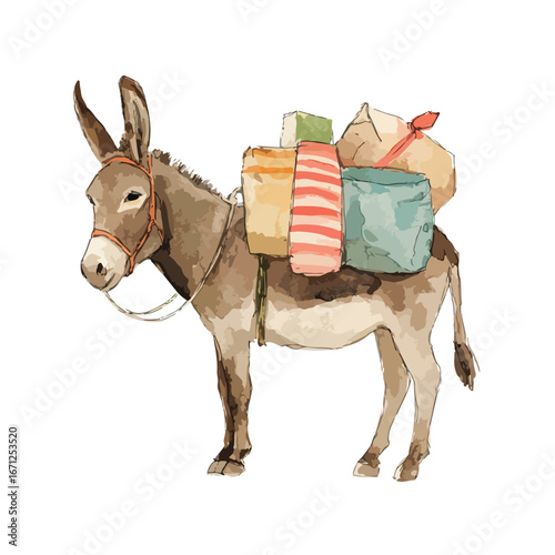 Watercolor Donkey Carrying Colorful Packages Red Ribbon and Harness Details