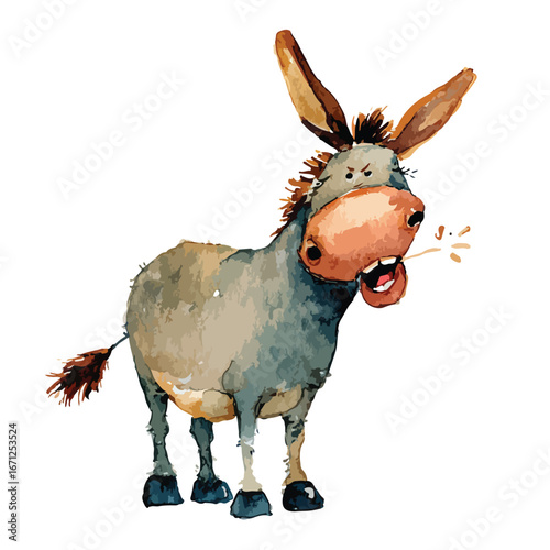 Watercolor Donkey with Angry Expression and Open Mouth Bristling Whiskers
