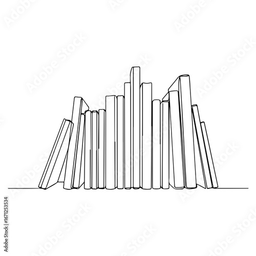books lined up, simple minimalist aesthetic one line art, isolated on white background