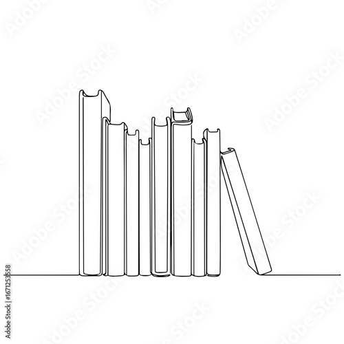 books lined up, simple minimalist aesthetic one line art, isolated on white background