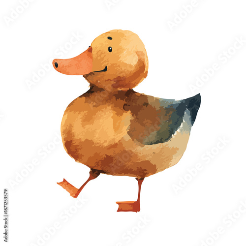 Watercolor Duckling with a Cheerful Expression Walking Forward on Two Legs