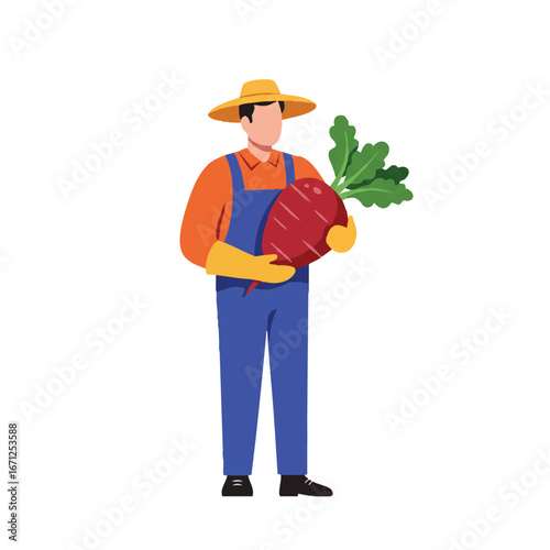 A smiling farmer carefully holds a freshly harvested large vegetable in a vibrant 2D flat vector illustration, showcasing minimalist clean lines and solid colors, isolated on white.