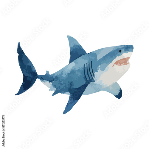 Watercolor Great White Shark Swimming with Open Mouth and Detailed Fins