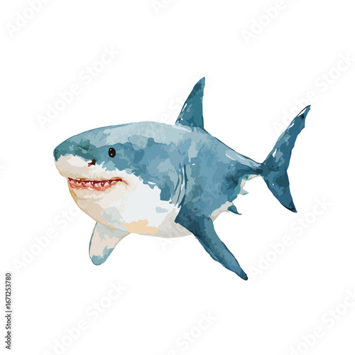 Watercolor Great White Shark with Visible Teeth and Textured Blue Skin