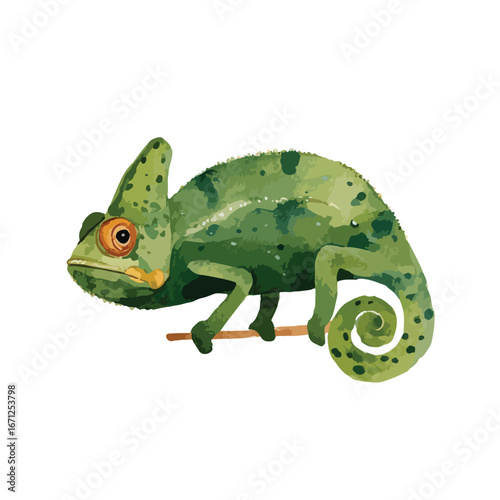 Watercolor Green Chameleon Perched on Branch Detailed Portrait