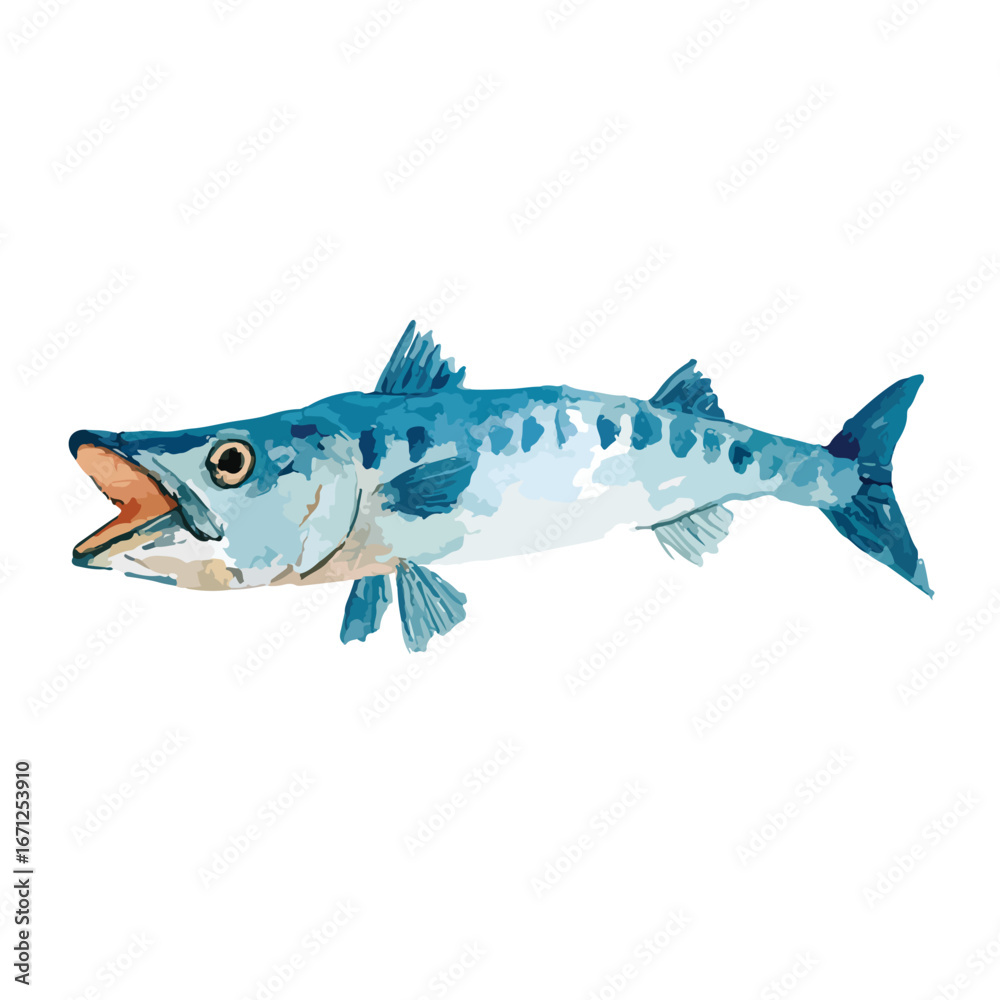 Fototapeta premium Watercolor Illustration of a Barracuda with Open Mouth and Detailed Fins