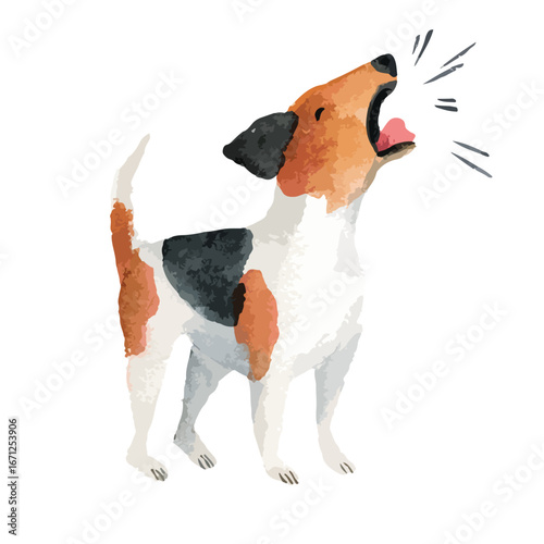 Watercolor Illustration of a Barking Dog with Distinctive Markings and Open Mouth