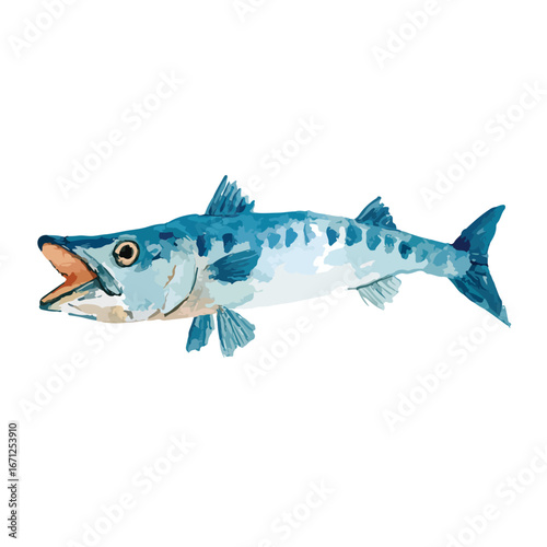 Watercolor Illustration of a Barracuda with Open Mouth and Detailed Fins