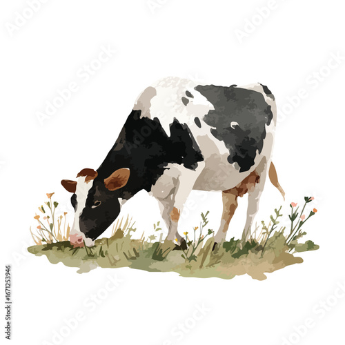 Watercolor Illustration of a Cow Grazing in a Field