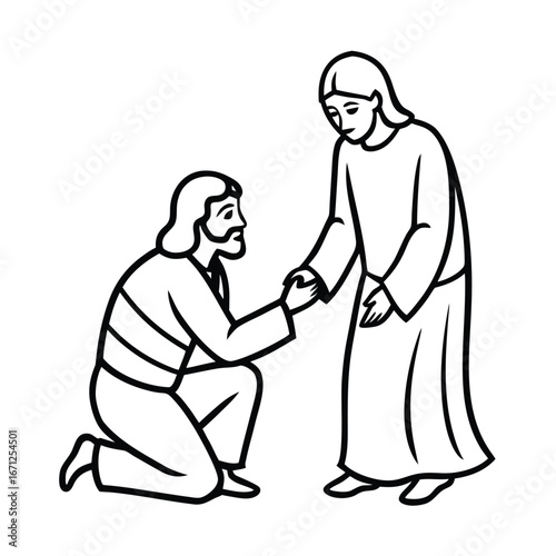 Jesus healing a man with leprosy by laying hands on him vector line art on white background