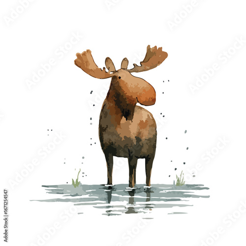 Watercolor Moose Standing in Shallow Water with Reflected Legs