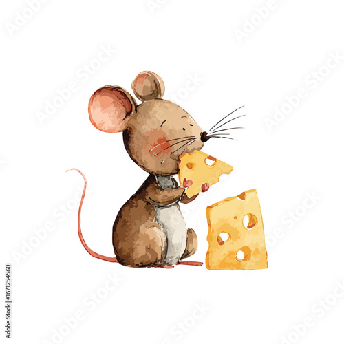 Watercolor Mouse Delightfully Munching on a Triangular Cheese Wedge with Joy