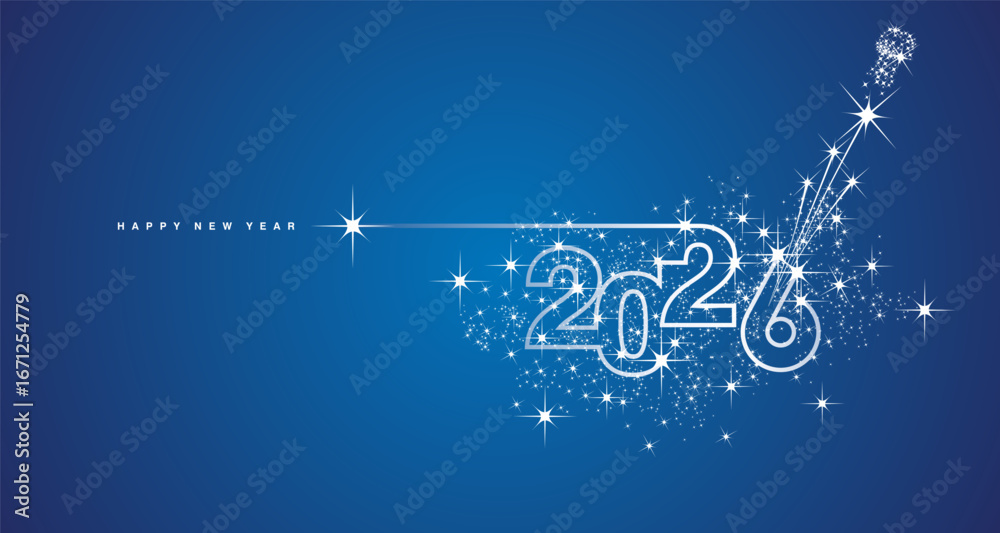 Fototapeta premium New Year 2026 line design sparkler firework champagne shining white blue vector