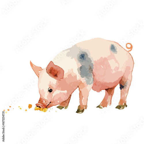 Watercolor Piglet Enjoying a Meal of Yellow Grains