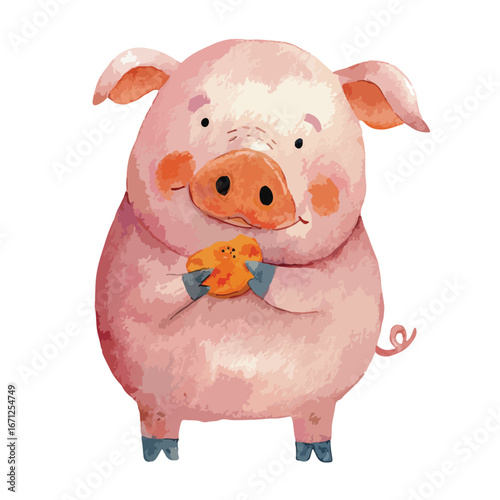Watercolor Piglet Holding a Treat with a Cheerful Expression and Pink Tones