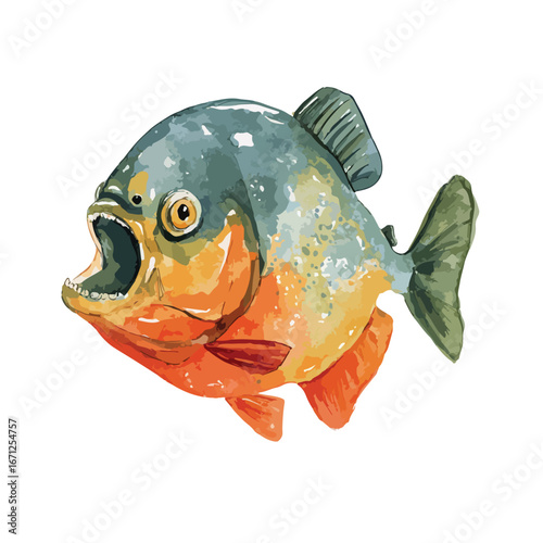 Watercolor Piranha with Open Mouth Showing Sharp Teeth and Fins
