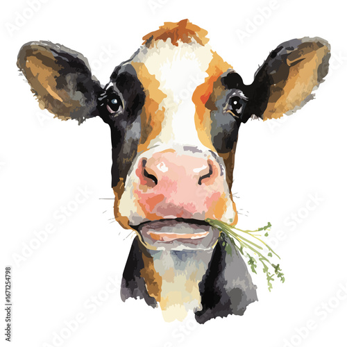 Watercolor Portrait of a Cow Grazing with Detailed Features