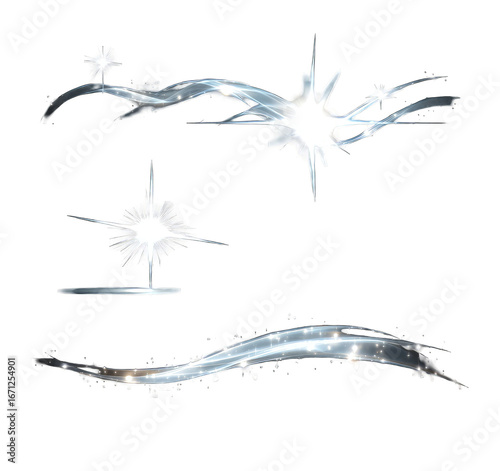 Abstract graphic design with three glowing light effects, stars, and streaks