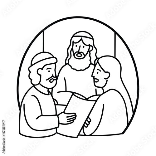 Jesus reading scrolls in nazareth synagogue surrounded by people vector line art on white background
